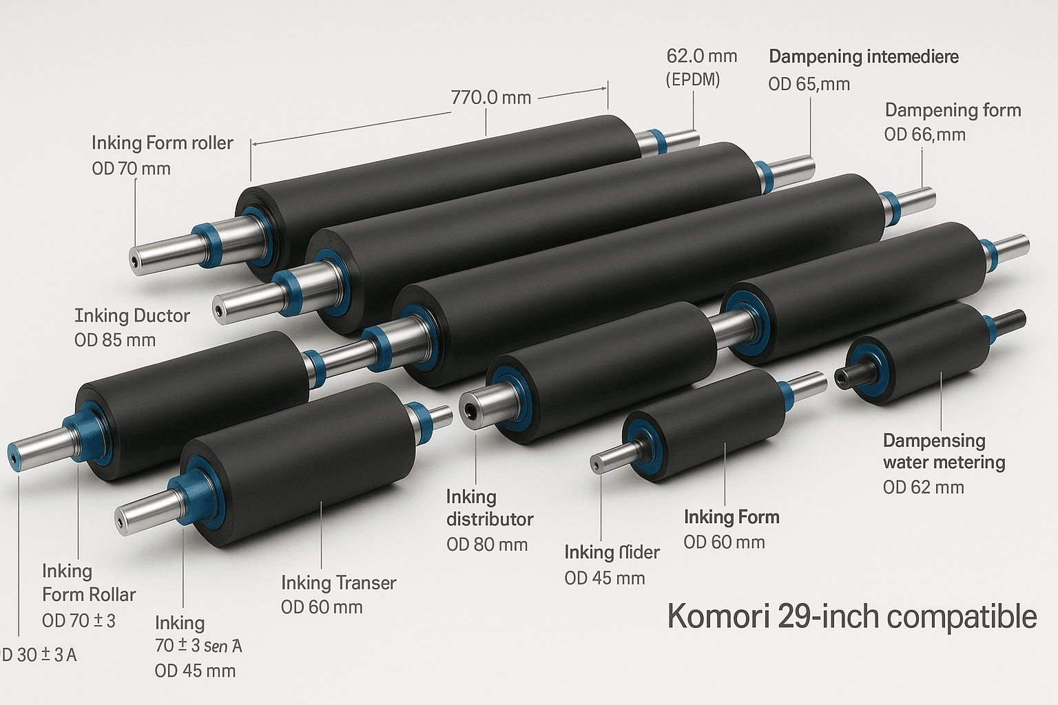 Precision-ground offset printing rollers – Komori 29-inch compatible