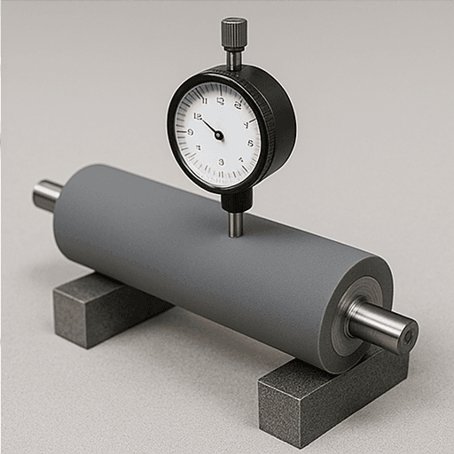 Roller QA — dial indicator on V‑blocks (no personnel shown)